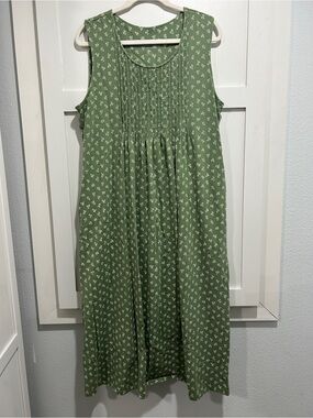 Vermont Country Store Sleeveless Dress Large Pullover Back Tie Green Floral